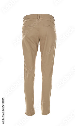 Stylish trousers on mannequin against white background, back view. Men's clothes