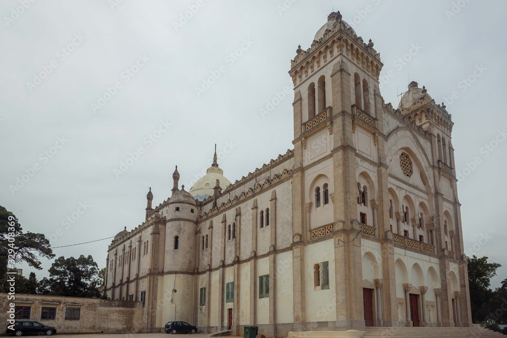 Side view of catholic church St. Louis Cathedral in Carthage located in the city of Tunis on Birsa Hill among the ruins of ancient Carthage, Tunisia