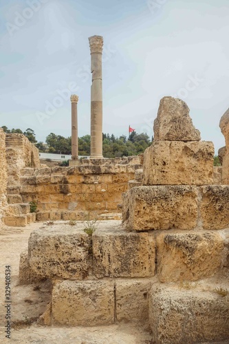 Columns on the ruins of Antonine Baths at the archaeological site in Carthage, Tunisia