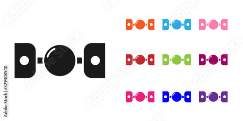 Black Silicone ball gag with a leather belt icon isolated on white background. Fetish accessory. Sex toy for men and woman. Set icons colorful. Vector Illustration