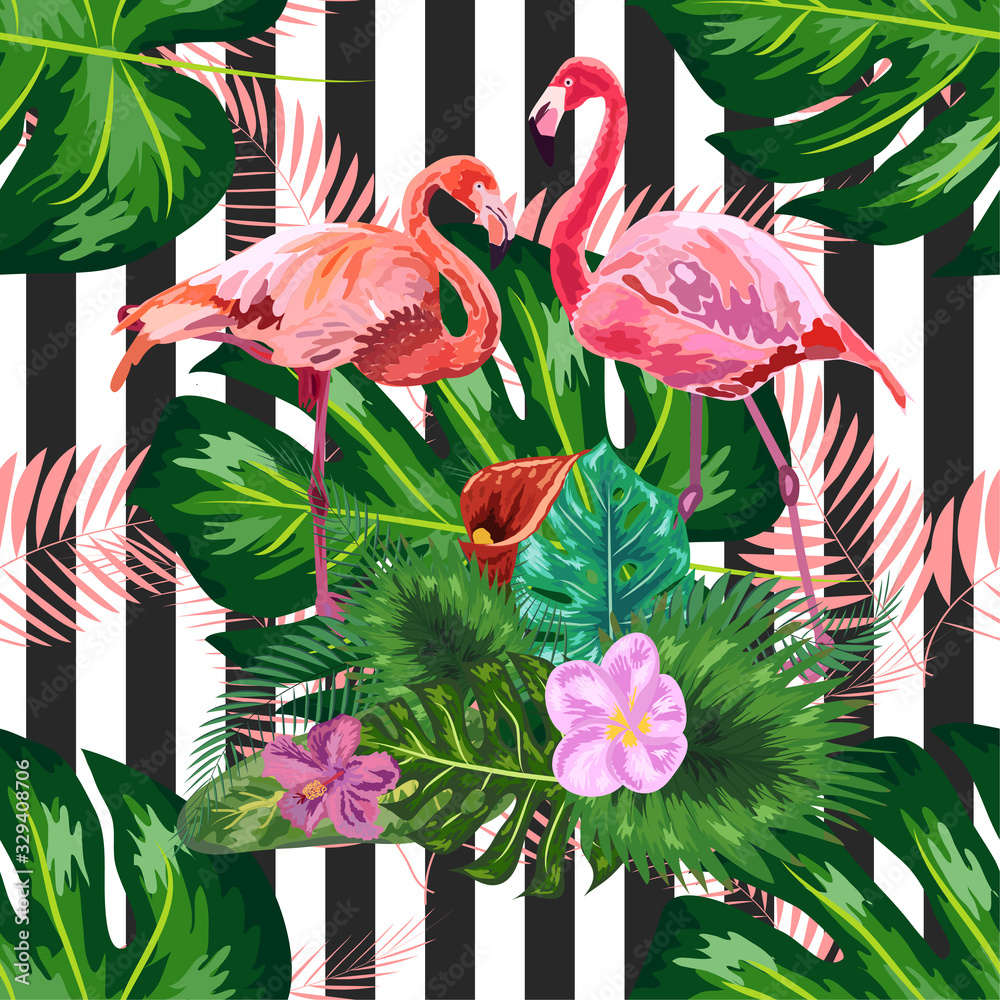 Naklejka premium Seamless pattern with dark blue grunge stripes and pink flamingo. Pink flamingo background design