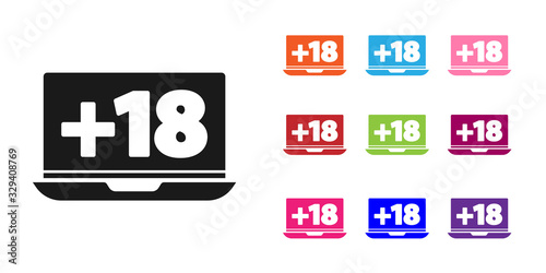 Black Laptop with 18 plus content icon isolated on white background. Age restriction symbol. Adult channel. Set icons colorful. Vector Illustration