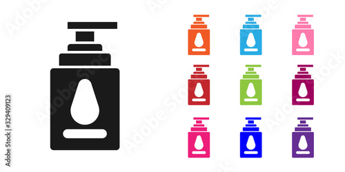 Black Personal lubricant icon isolated on white background. Lubricating gel. Cream for erotic sex games. Tube with package box. Set icons colorful. Vector Illustration