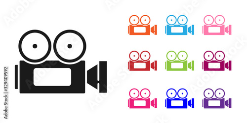 Black Cinema camera icon isolated on white background. Video camera. Movie sign. Film projector. Set icons colorful. Vector Illustration