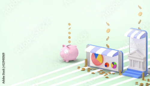 Online Mobile  Banking  and Piggy pink bank Savings money Groups with Online shopping  Concept Digital marketing  on Green Monotone Background - 3d rendering © guguart