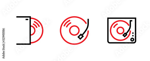 Set of three icons of music vinyl players. Editable vector line isolated on a white background.