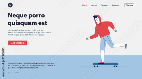 Guy in casual skateboarding. Male character riding longboard flat vector illustration. Skateboarder outdoor activity, lifestyle concept for banner, website design or landing web page