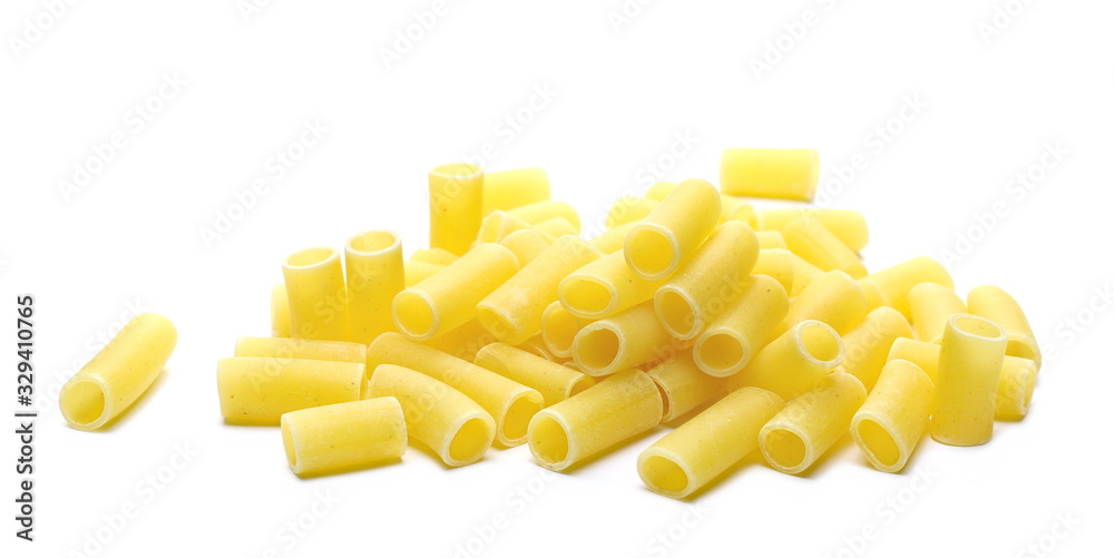 Uncooked smooth short tubes shape pasta also known as tubetti lisci isolated on white background Uncooked smooth short tubes shape pasta also known as tubetti lisci isolated on white background