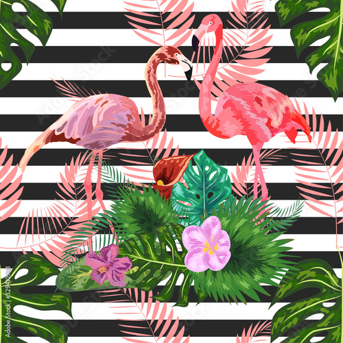 pink flamingos hibiscus, monstera, banana leaf Tropic summer seamless pattern. black white striped background.