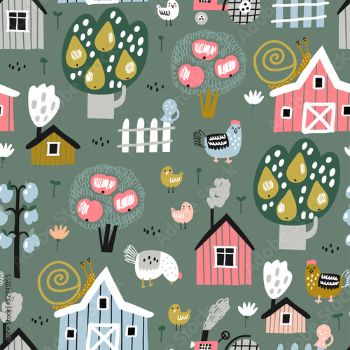 Summer seamless pattern with farm, fruit trees, hen and chicks. Europe nature landscape concept. Perfect for kids fabric, textile, nursery wallpaper. Seamless landscape.