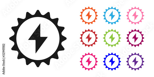 Black Solar energy panel icon isolated on white background. Sun with lightning symbol. Set icons colorful. Vector Illustration