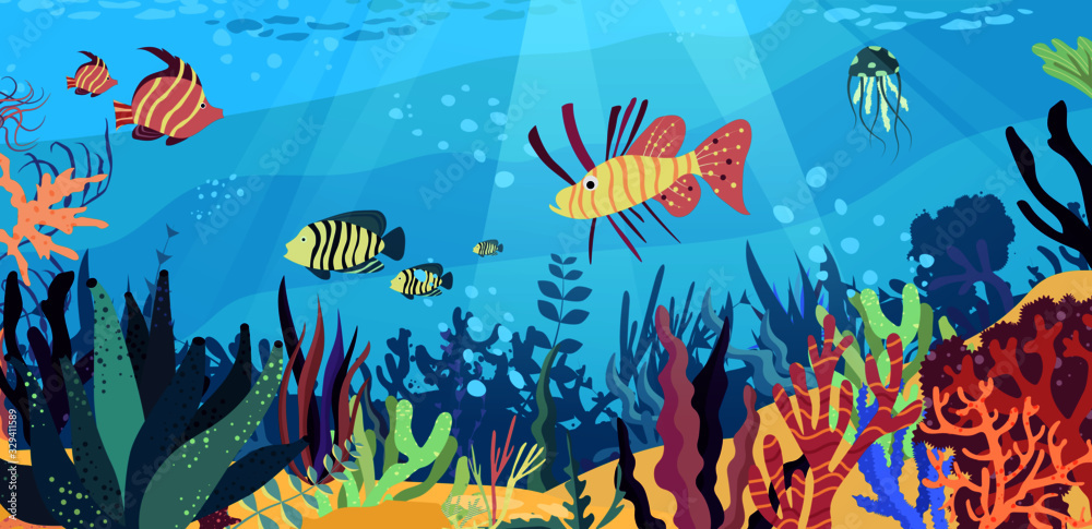 Underwater world in the ocean. Coral reef, fishes, medusa, undersea ...
