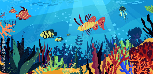 Underwater world in the ocean. Coral reef, fishes, medusa, undersea fauna of tropics.  Flat cartoon vector illustration.