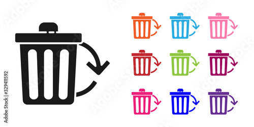 Black Recycle bin with recycle symbol icon isolated on white background. Trash can icon. Garbage bin sign. Recycle basket sign. Set icons colorful. Vector Illustration