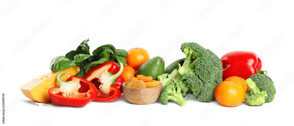 Fresh products rich in vitamin A on white background Fresh products rich in vitamin A on white background