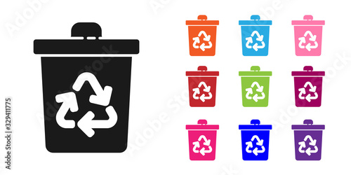 Black Recycle bin with recycle symbol icon isolated on white background. Trash can icon. Garbage bin sign. Recycle basket sign. Set icons colorful. Vector Illustration