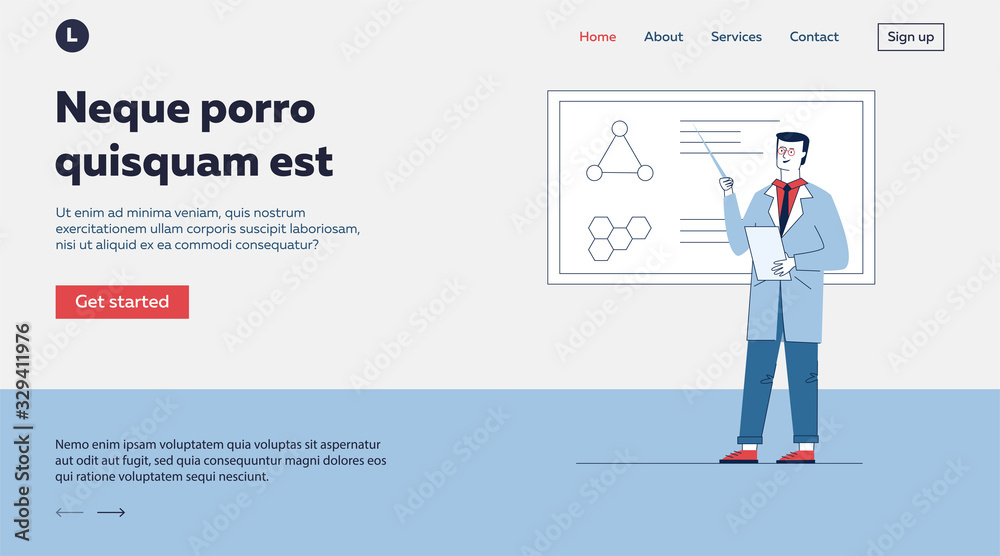 Professor explaining medical research result. Man in white coat presenting molecule structure flat vector illustration. Presentation, education concept for banner, website design or landing web page Professor explaining medical research result. Man in white coat presenting molecule structure flat vector illustration. Presentation, education concept for banner, website design or landing web page