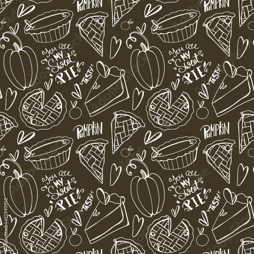 Pie  pumpkin  cherry cute digital art contour doodle seamless pattern on brown background. Print for fabrics  packaging bags  paper  coloring books  postcards  invitations  banners  posters
