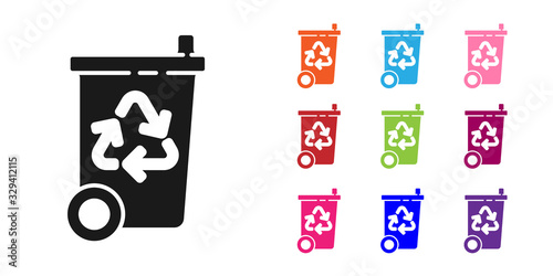 Black Recycle bin with recycle symbol icon isolated on white background. Trash can icon. Garbage bin sign. Recycle basket sign. Set icons colorful. Vector Illustration