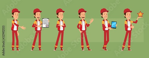 Cartoon cute funny young sportsman guy character in red cap and hoodie. Actor with star and businessman with tablet. Ready for animations. Isolated on green background. Big vector icon set.