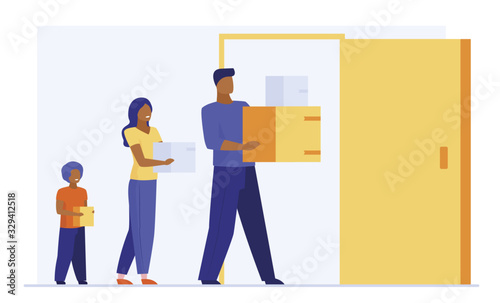 Family carrying stuff to new apartment. Couple with kids moving to new house flat vector illustration. Real estate, mortgage, property buying concept for banner, website design or landing web page