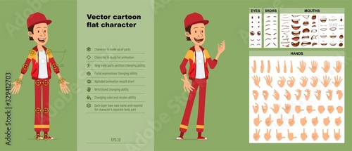 Cartoon funny young sportsman guy character in red cap and hoodie. Ready for animations. Face expressions, eyes, brows, mouth and hands easy to edit. Isolated on green background. Big vector icon set.
