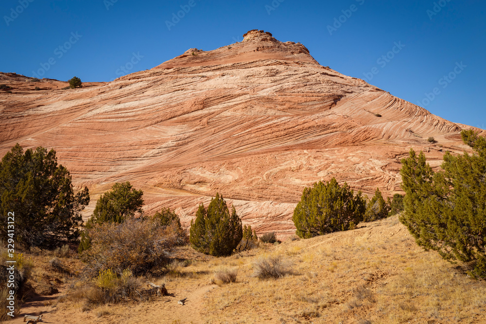 Fototapeta premium Rocks and Mountains along a trail to Tunnel Slot during sunny day with blue sky in Escalante National Monument, Grand Staircase trail, Utah, USA