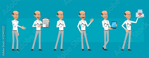 Cartoon cute funny old doctor character with stethoscope and glasses. Scientist with vaccine, pills and smart tablet. Ready for animations. Isolated on blue background. Big vector icon set.