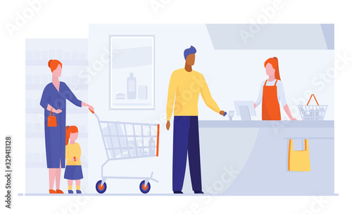 Queue at checkout in supermarket. Customers, cashier, check register flat vector illustration. Shopping, grocery store, payment concept for banner, website design or landing web page