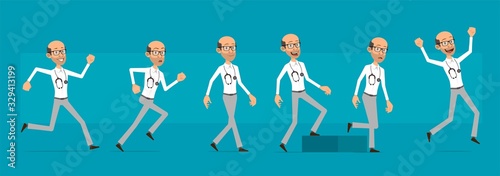 Cartoon cute funny old doctor character with stethoscope and glasses. Successful scientist walking to his goal. Ready for animations. Isolated on blue background. Big vector icon set.