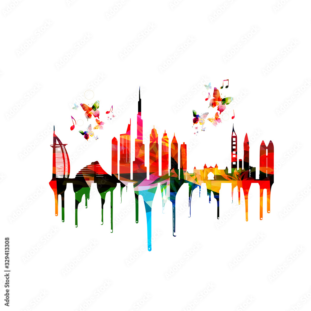 Colorful cityscape view of Abu Dhabi vector illustration. Tourism and travel poster background. Famous Abu Dhabi skyline landmarks design for web banner, card, brochure, promotion material