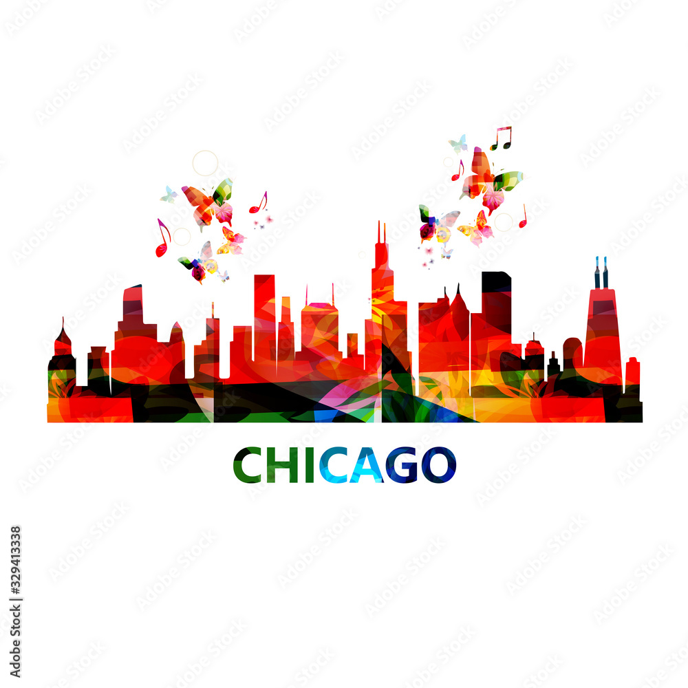Colorful cityscape view of Chicago vector illustration. Tourism and travel poster background. Famous Chicago skyline landmarks design for web banner, card, brochure, promotion material