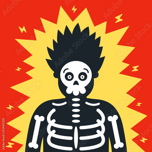 the man was severely shocked. risk at work. the skeleton is visible. flat character vector illustration