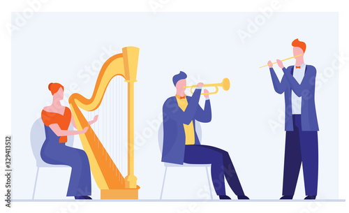 Mini orchestra playing classical music. Musicians with harp, flute, trumpet flat vector illustration., Entertainment, performers, teamwork concept for banner, website design or landing web page