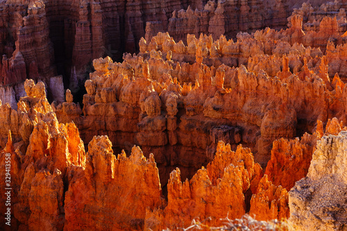 Red rock formations, so called hoodoos at sunset at Bryce Canyon National Park, Utah