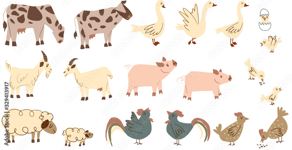 Obraz premium Childish farm animals set isolated on white background. Barnyard animals - cow, goose, goat, pig, sheep, rooster, chicken, chick. Cartoon elements for kids