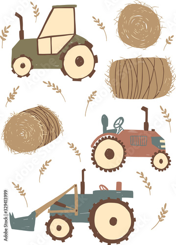 Childish tractor with haystack and hay vector set isolated on white background. Cartoon elements for kids