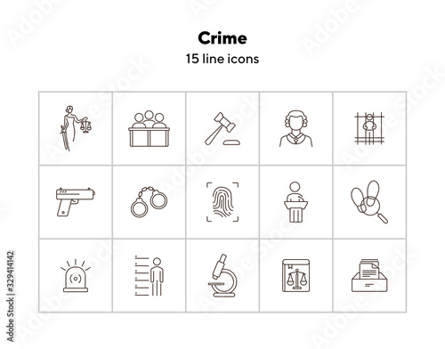 Crime line icon set. Themis statue, judge gavel, fingerprint. Justice concept. Can be used for topics like court, trial, investigation, evidence