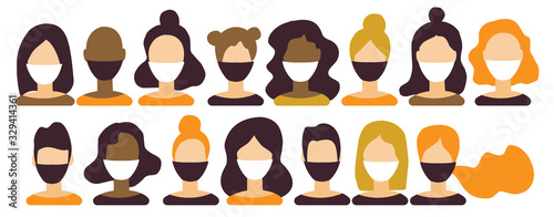 Set of people icons in medical masks in flat style. Coronavirus epidemic worldwide,Novel coronavirus medicine news 2019-nCoV, women and men medical face mask. Infographics for news and banners.