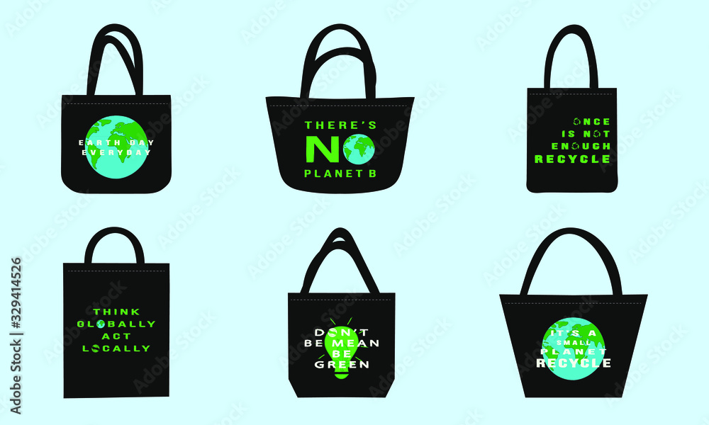 Set of black tote shopping eco fabric bags with ecology awareness