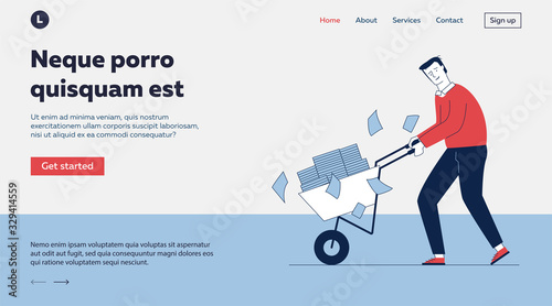 Sad employee wheeling cart with papers. Office worker with piles of reports flat vector illustration. Paperwork, overwork concept for banner, website design or landing web page