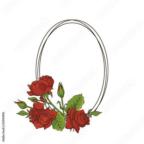 Greeting card template with oval line frame and red rose flowers bouquet. Vector illustration.