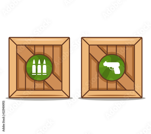 wooden boxes with weapons and ammunition. flat vector illustration.