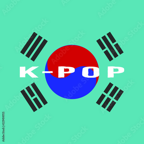 K-pop logo with National flag of South Korea. Korean pop music. Banner, poster, greeting card,  logo, t-shirt, sticker, tag, bag print. Vector illustration.