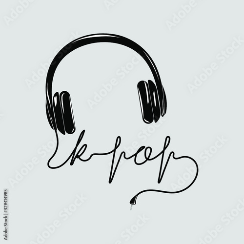 K-pop lettering logo with headphones on grey background. Design element for poster, banner, t-shirt, notebook cover, sticker, greeting card, bag, badge.