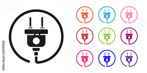 Black Electric plug icon isolated on white background. Concept of connection and disconnection of the electricity. Set icons colorful. Vector Illustration