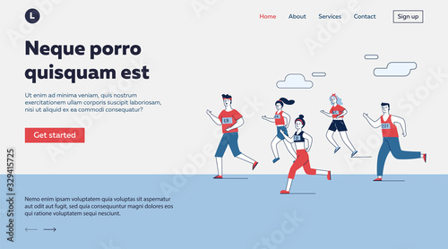 Group of male and female sportsmen running marathon. People in sportswear jogging flat vector illustration. Sport activities, competition concept for banner, website design or landing web page