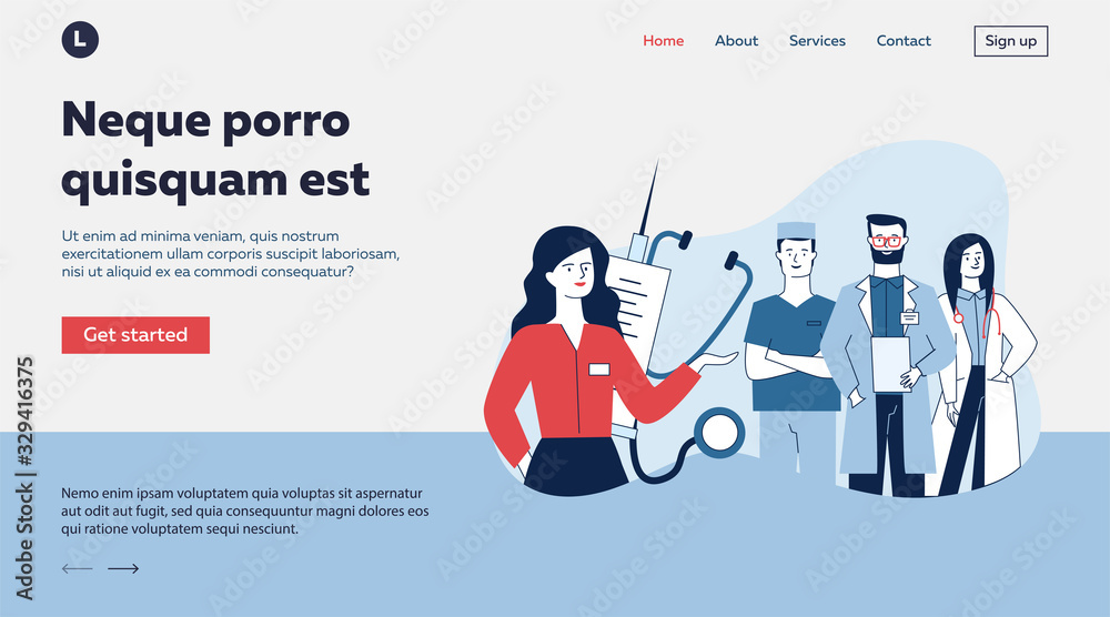 Female medical administrator and her team standing confidently. Medical staff standing flat vector illustration. Health care, medical services concept for banner, website design or landing web page