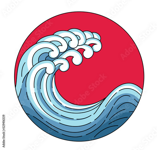 Japanese wave in red sun logo. Vector Japan wave in red circle of the sun. Japane oriental style vector art illustration. Linear style outline logo. Asian, chinese ocean blue wave logo.