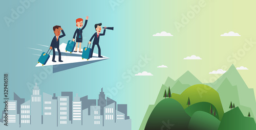 Business people flying on a paper plane towards an island for vacation. Business people vacation concept. Holidays time, recreation and travel vector design